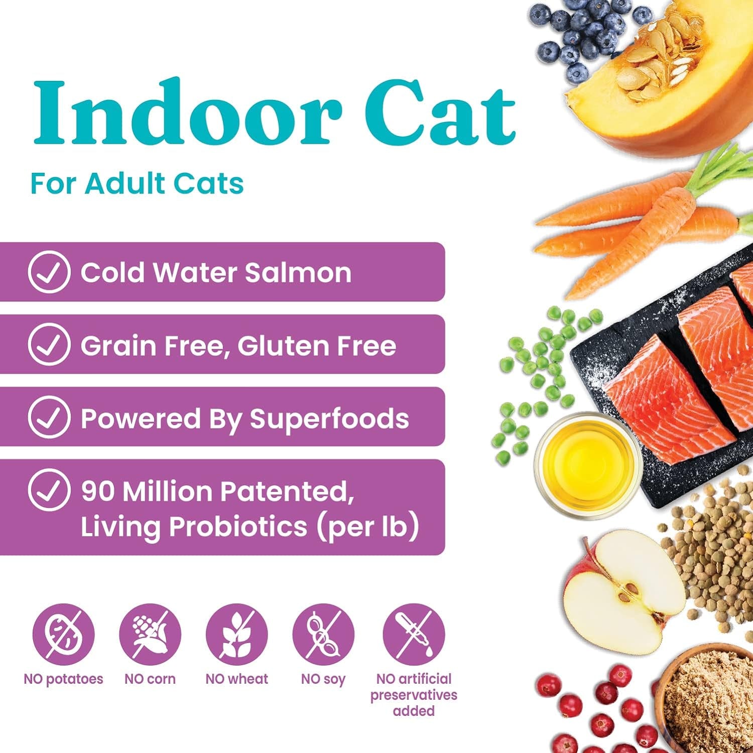 Indoor Dry Cat Food - Let'S Stay in Cat Food Dry Kibble for Indoor Cats - Hairball & Sensitive Stomach - Grain & Gluten Free - Probiotics & Fiber for Digestive Health - Salmon - 12Lb