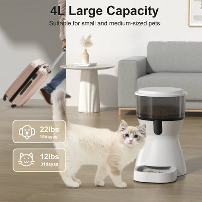 Automatic Cat Feeders Wifi, Timed Dog Feeder with 10S Dining Voice Record, 4L Cat/Dog Food Dispenser