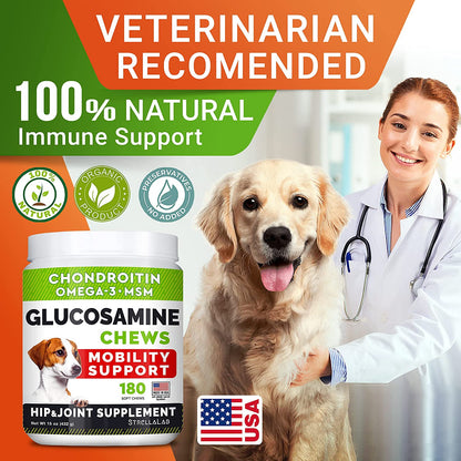 Glucosamine Treats for Dogs - Joint Supplement W/Omega-3 Fish Oil - Chondroitin, MSM - Advanced Mobility Chews - Joint Pain Relief - Hip & Joint Care - Chicken Flavor - 180 Ct - Made in USA